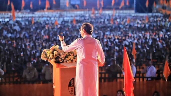 <div class="paragraphs"><p>Shiv Sena (UBT) chief Uddhav Thackeray takes the podium&nbsp;at the Vijramuth Rally in Mumbai on&nbsp;Monday, 1 May.</p></div>