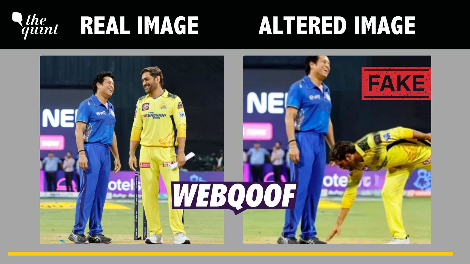 <div class="paragraphs"><p>Fact-Check | This picture has been altered to show MS Dhoni touching Sachin Tendulkar's feet.</p></div>