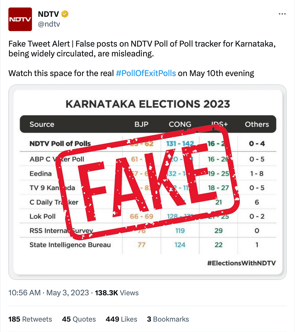 NDTV has not conducted opinion polls for the Karnataka elections and called the viral chart 'fake'.
