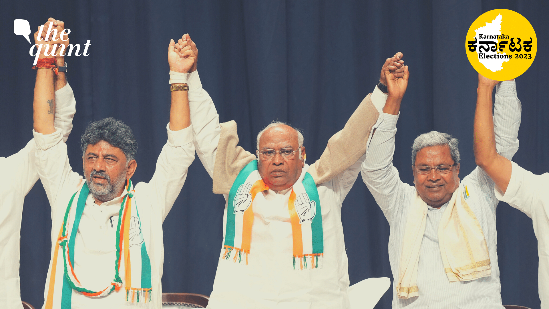 <div class="paragraphs"><p>Congress President Mallikarjun Kharge with former Karnataka CM Siddaramaiah and Karnataka Congress President DK Shivakumar during celebrations after the party's win in Karnataka Assembly elections, in Bengaluru.</p></div>