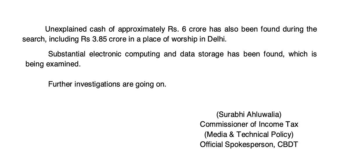 According to the IT department, approximately Rs 6 crore had been recovered during a raid on the Church in 2020.