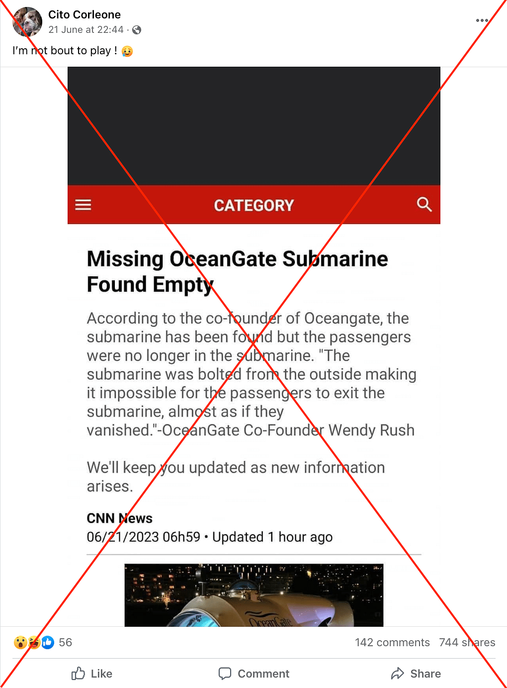 The screenshot of the CNN article in the viral claim about OceanGate's TItan submersible is fabricated.