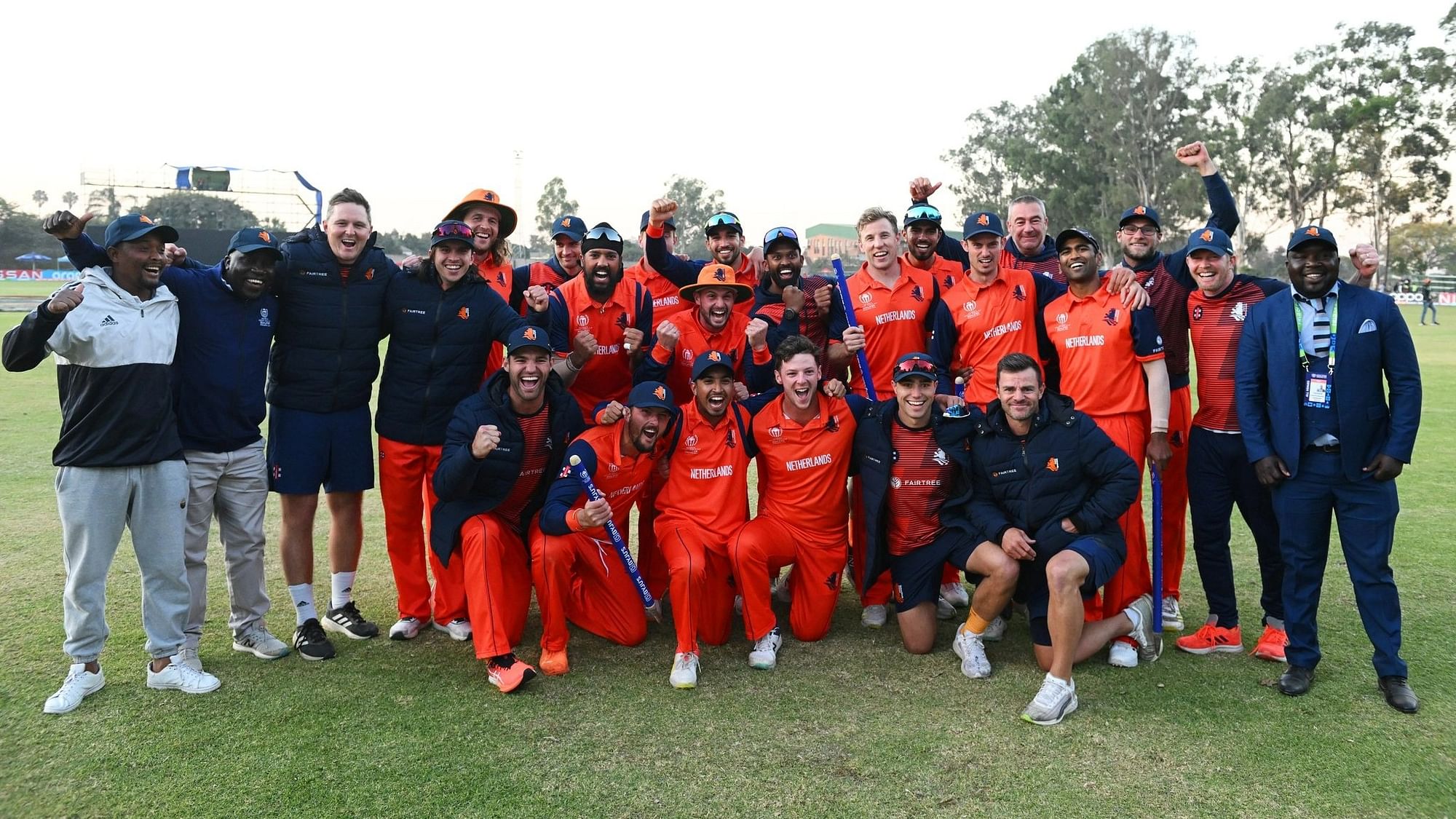 <div class="paragraphs"><p>Netherlands cricket team poses after beating West Indies in the ODI WC Qualifier</p></div>
