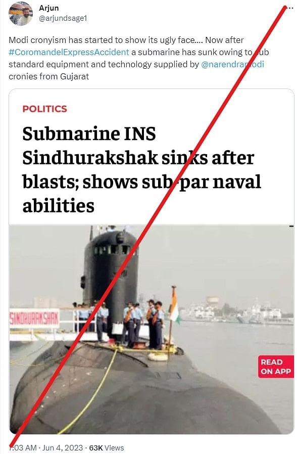 In 2013, an Indian submarine exploded and sank. It is being falsely shared as recent after the Odisha train crash. 