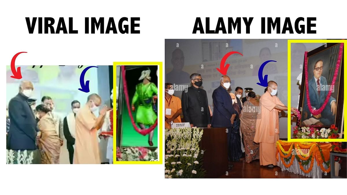 The original image shows Yogi Adityanath paying tribute to Dr BR Ambedkar.