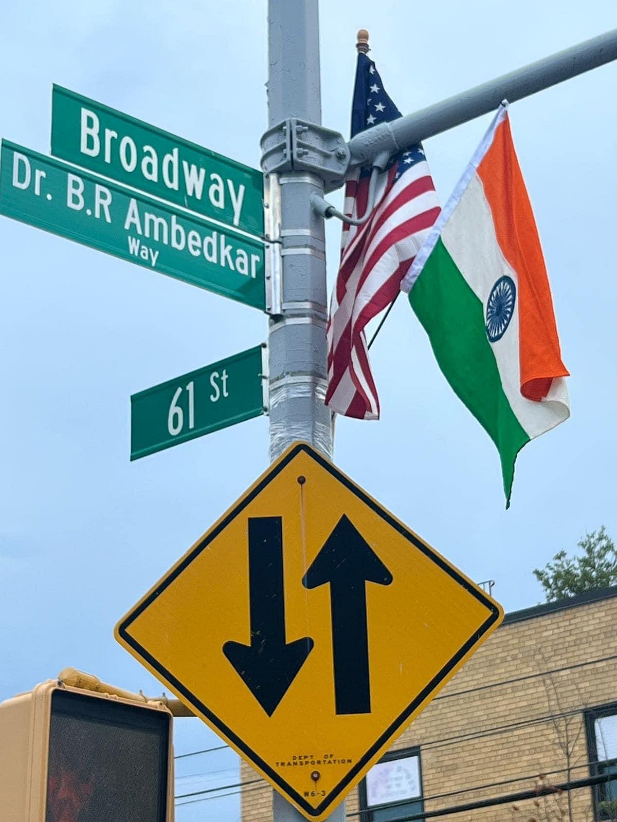 A street plate bearing the words 'Dr. B.R Ambedkar Way' was put up at the intersection of Broadway and 61st Street.