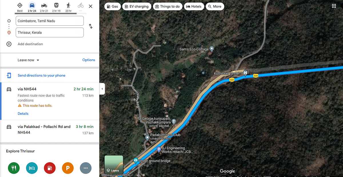 We found that the journey from Coimbatore to Thrissur via the Kuthiran tunnel takes more than 2 hours to complete.