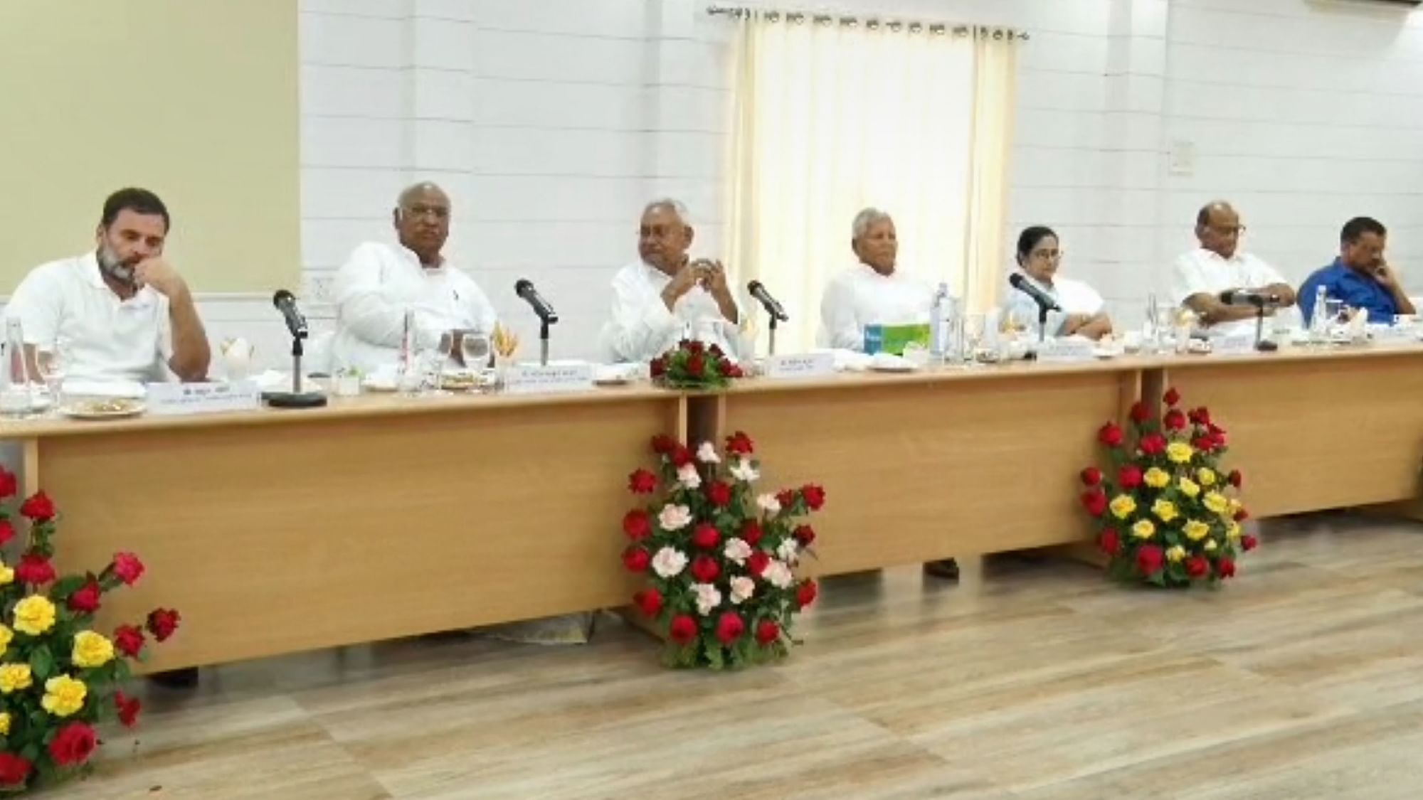 <div class="paragraphs"><p>From left: Rahul Gandhi, Mallikarjun Kharge, Nitish Kumar, Lalu Prasad Yadav, Mamata Banerjee, Sharad Pawar, and Arvind Kejriwal.&nbsp;</p></div>