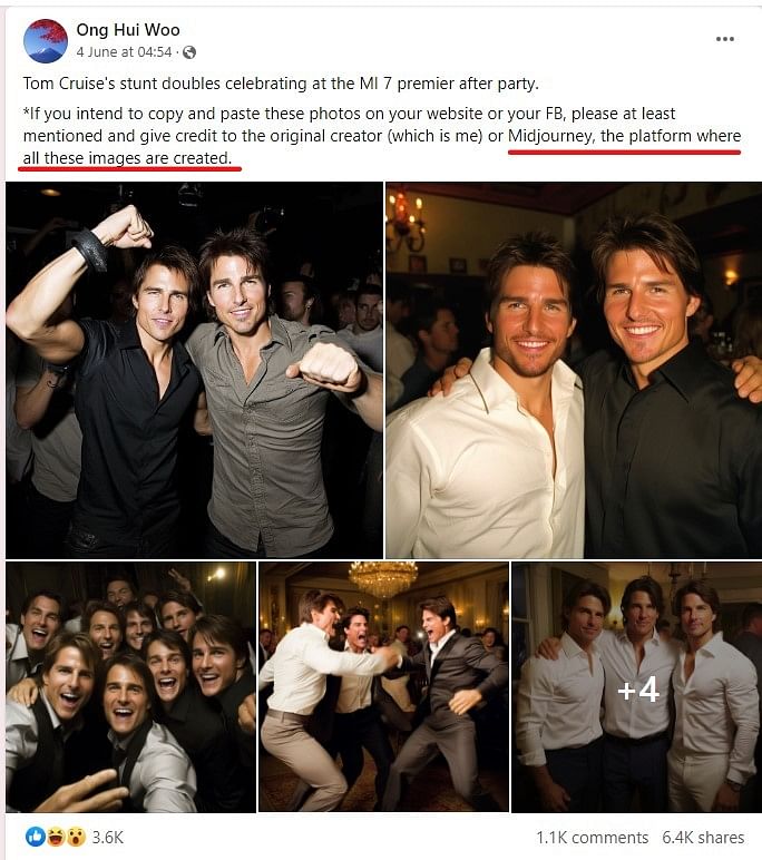 This is an AI-generated image and does not show Tom Cruise with his 'identical stunt doubles'.