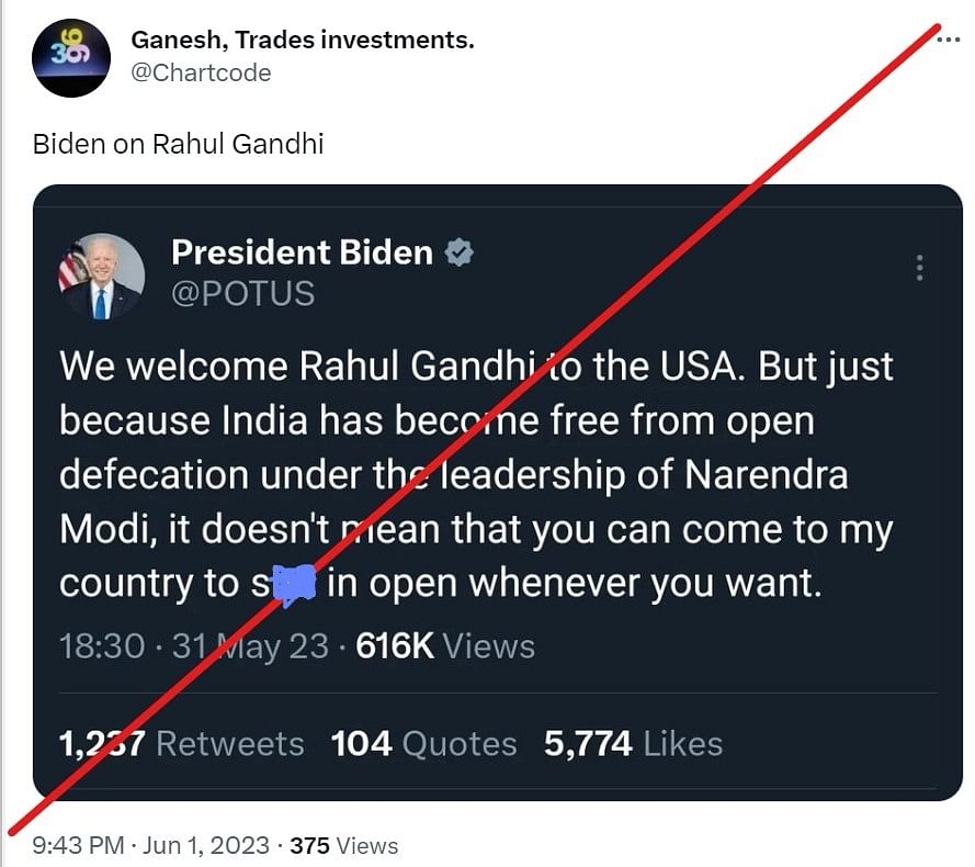 This screenshot is an edited one, President Joe Biden did not tweet anything on Rahul Gandhi's visit to the USA.