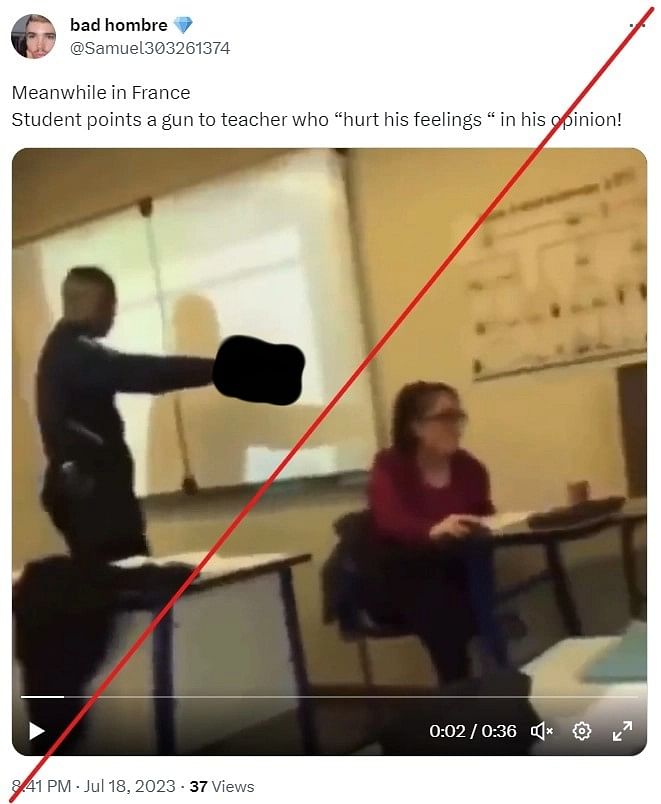 While the video is indeed from France, it dates back to 2018, and the student was holding a fake gun.