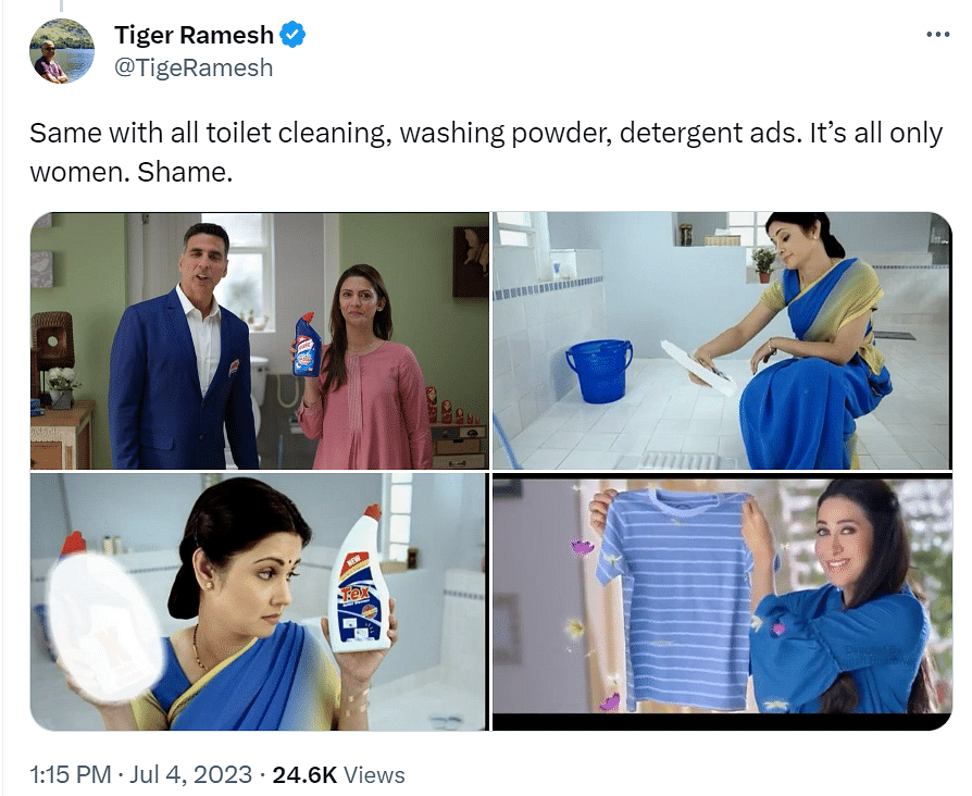Along with a picture of the ad, the now-viral tweet reads. "Why can't the husband serve green juice to the wife?"
