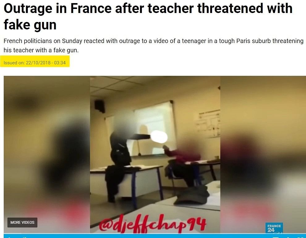 While the video is indeed from France, it dates back to 2018, and the student was holding a fake gun.