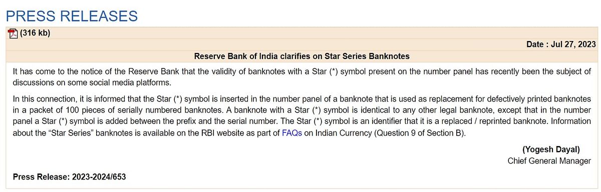 The RBI adopted the "STAR series" numbering system for replacement of defectively printed banknotes in 2006.