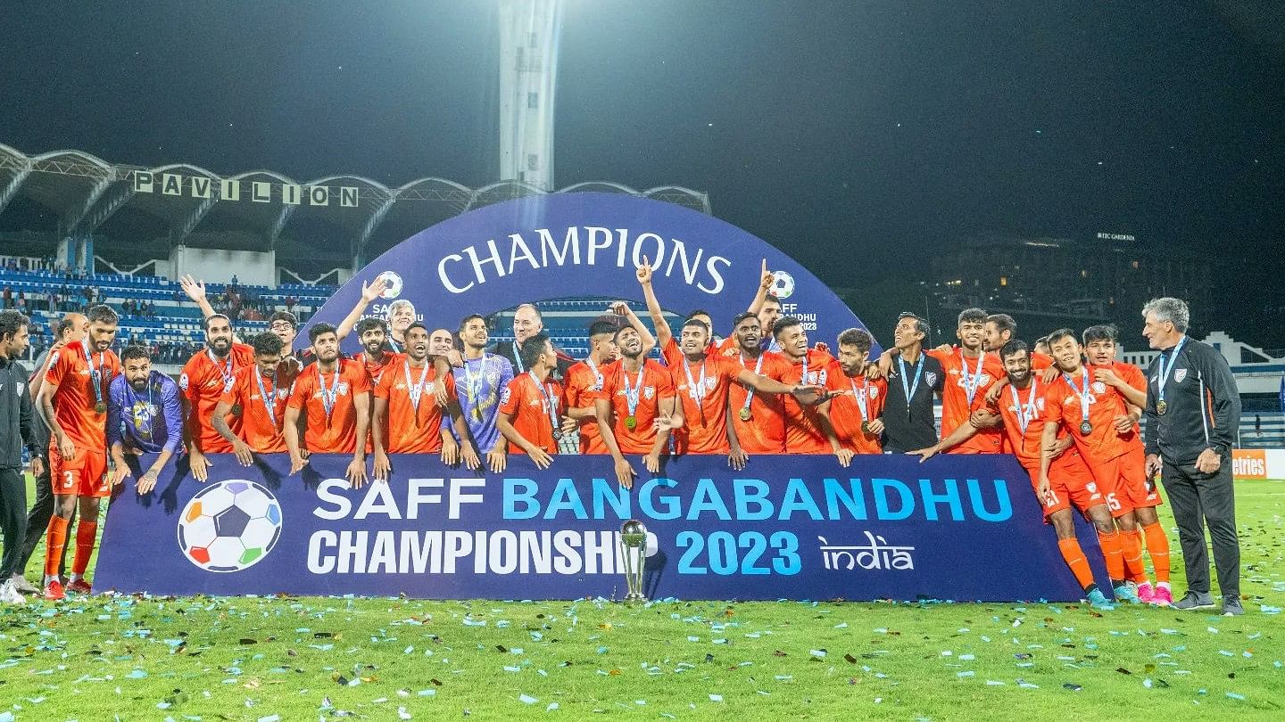 <div class="paragraphs"><p>Indian Football team celebrates after winning the SAFF Championships</p></div>