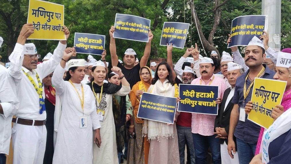 <div class="paragraphs"><p>AAP leaders protesting in Rajasthan on Tuesday, 25 July.&nbsp;</p></div>