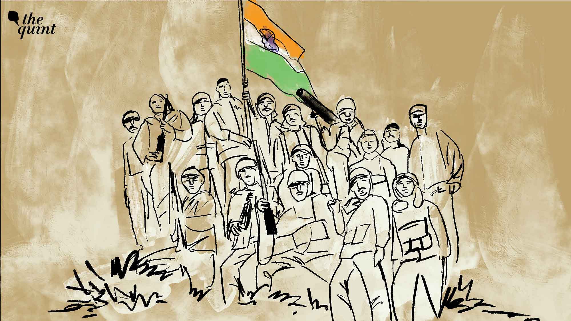 <div class="paragraphs"><p>A sketch of the victorious Indian Army with the Indian flag after winning the Kargil War.</p></div>