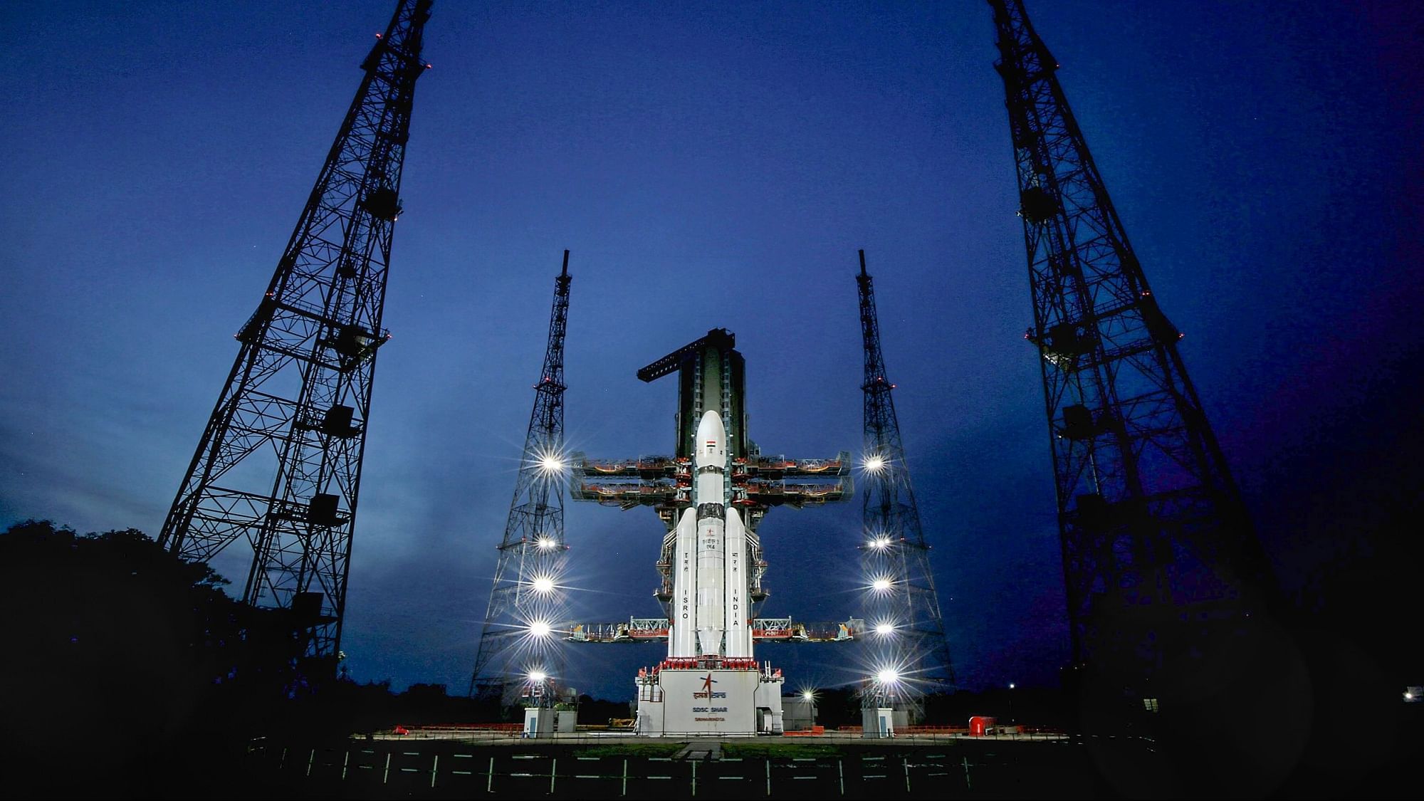 <div class="paragraphs"><p>The Launch Vehicle Mark-III (LVM3) M4 vehicle with Chandrayaan-3 at the launchpad at Satish Dhawan Space Centre after the conclusion of a simulation of the entire launch preparation and process in Sriharikota.</p></div>