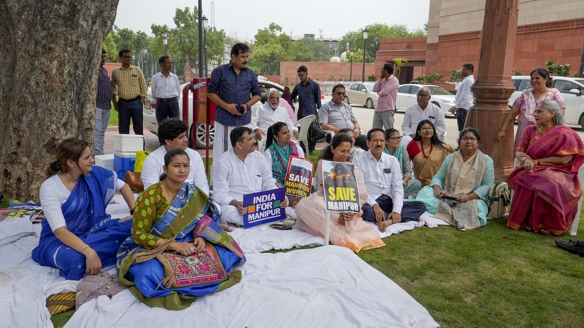 <div class="paragraphs"><p>Leaders of the Opposition alliance INDIA protested throughout the night at the parliament premises opposing suspension of AAP MP Sanjay Singh from Rajya Sabha for the remainder of Monsoon session &nbsp;protesting on the Manipur issue on Monday, 24 July.</p></div>