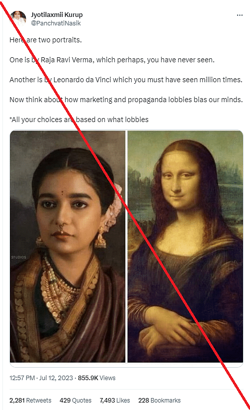 We found that the image which is being claimed to be Raja Ravi Varma's painting is actually a recreation of his art.
