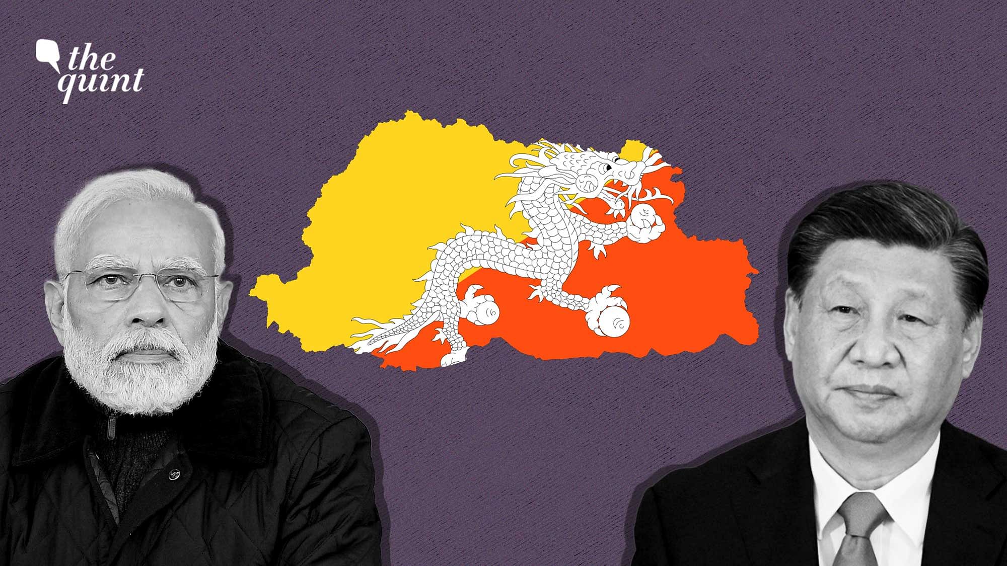 <div class="paragraphs"><p>Narendra Modi and Xi Jinping, and the map of Bhutan with its symbol.</p></div>