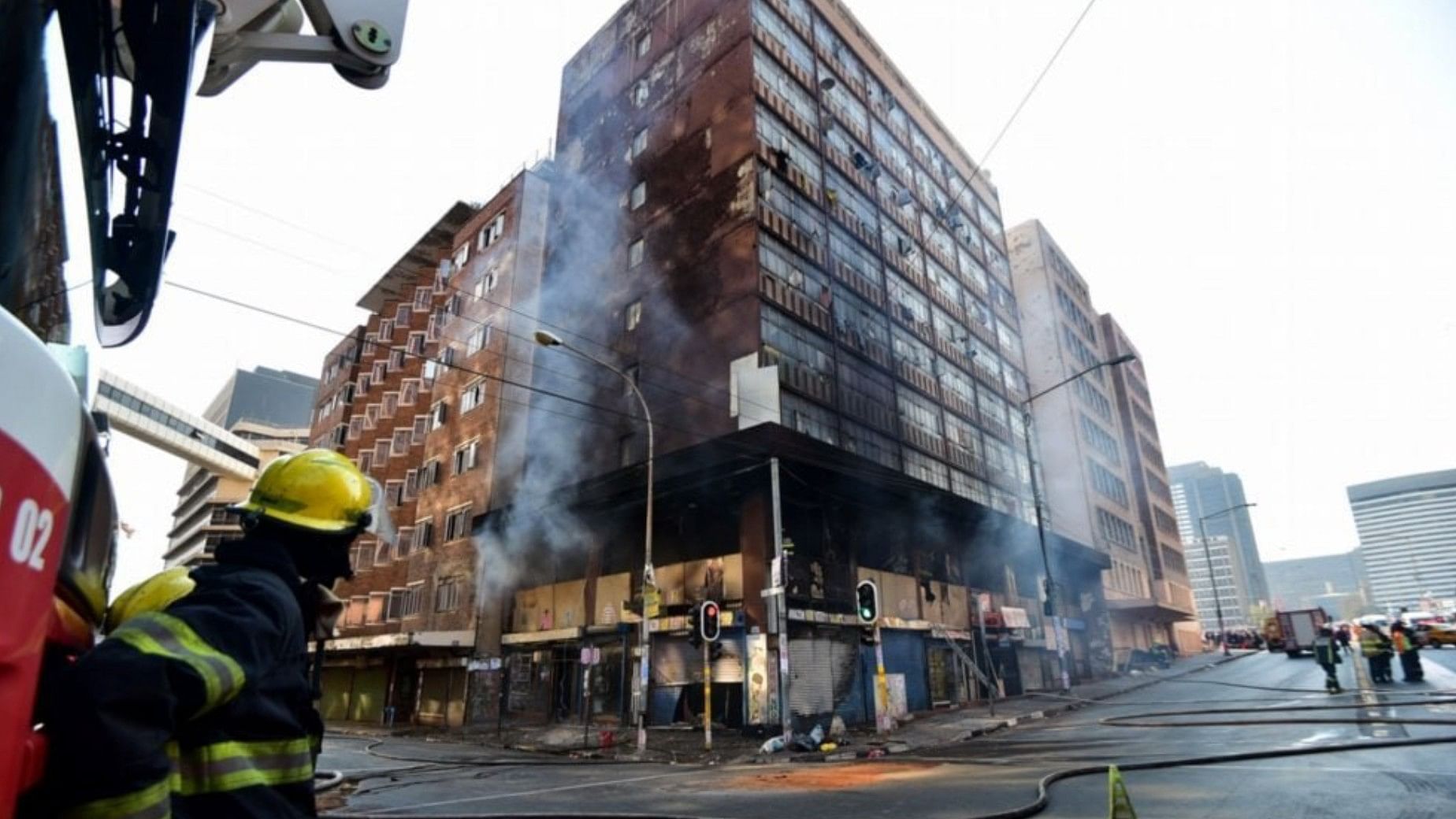 <div class="paragraphs"><p>Fire engulfs a residential building in the central business district of&nbsp;<a href="https://www.thequint.com/voices/blogs/54-yrs-after-the-rivonia-trial-nelson-mandelas-legacy-lives-on">Johannesburg</a>, South Africa claiming the lives of at least 63 on Thursday, 31&nbsp;August.&nbsp;</p></div>