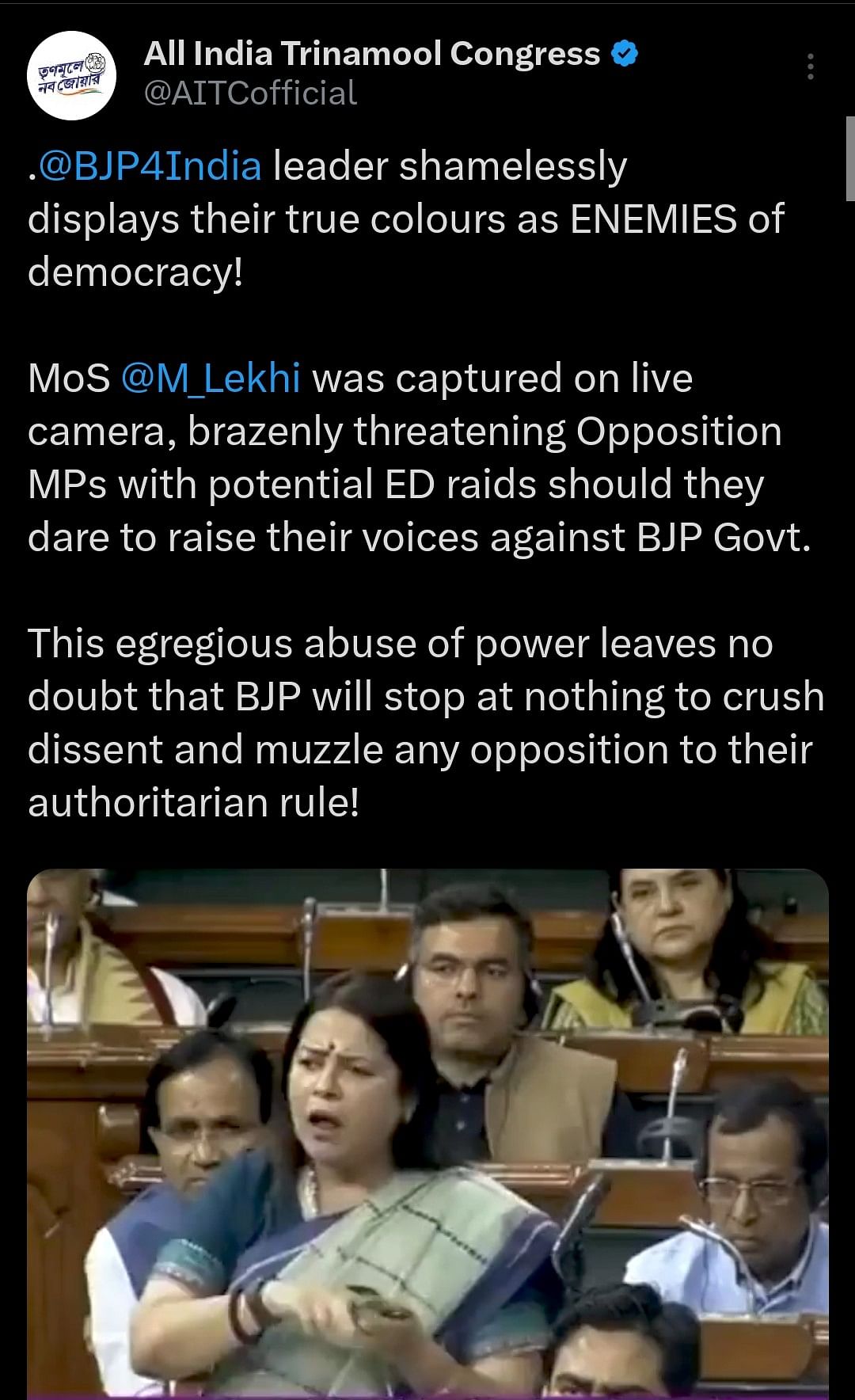 Opposition parties claimed that Meenakshi Lekhi's statement was an 'admission that Modi government misuses the ED'.