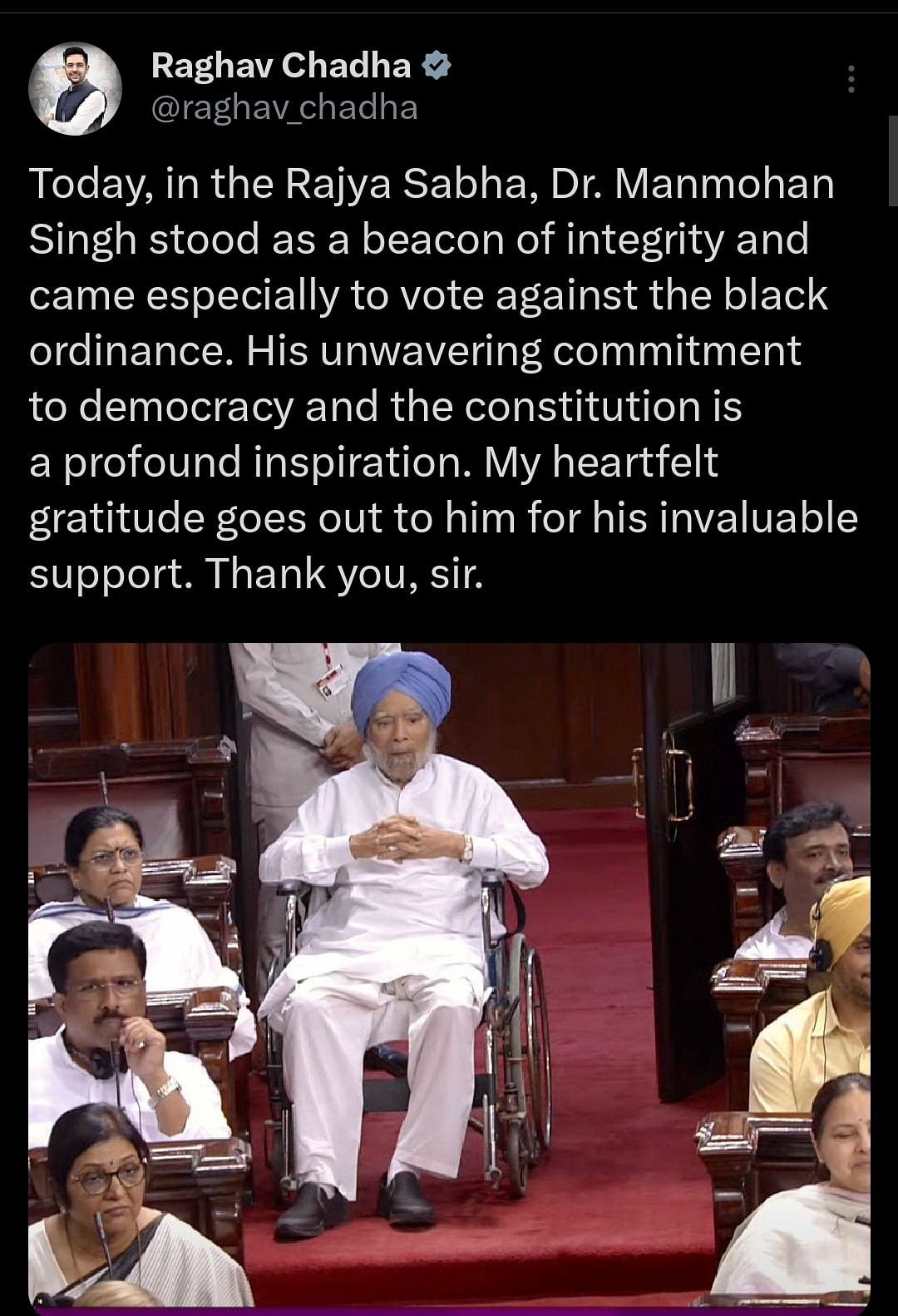 Dr Manmohan Singh came to vote against the Government of National Capital Territory of Delhi (Amendment) Bill.