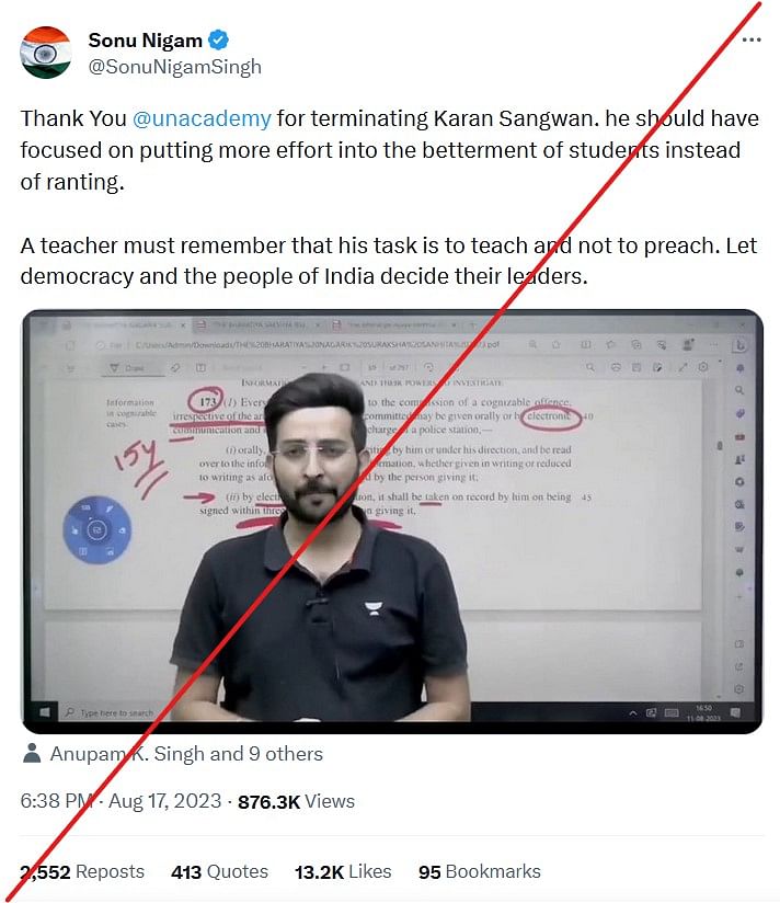 The user who tweeted out his support to Unacademy's decision is not the singer but another person named Sonu Nigam.