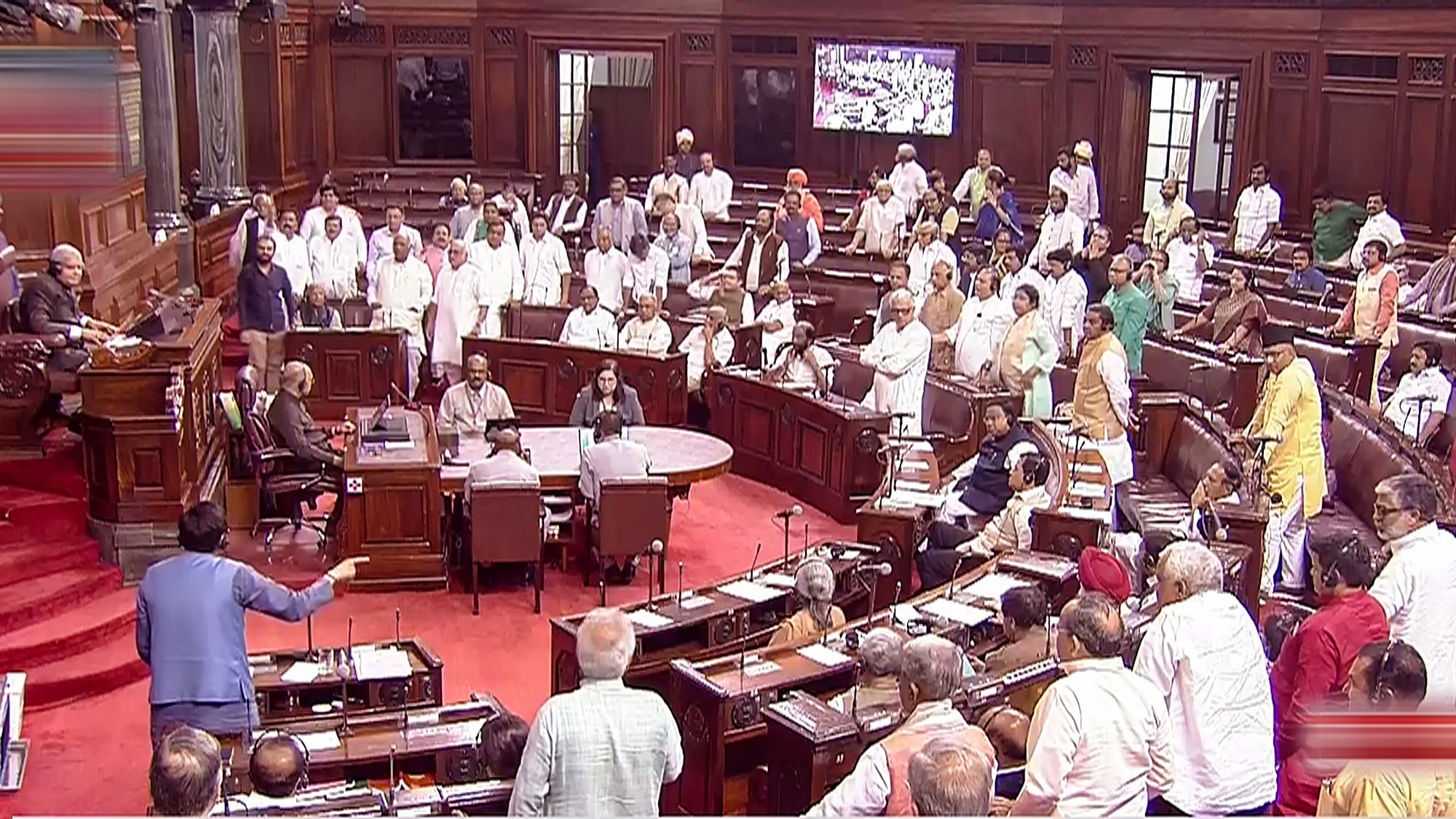 <div class="paragraphs"><p>Opposition MPs protest in the Rajya Sabha demanding PM Narendra Modis statement on the Manipur crisis during the Monsoon session of Parliament, in New Delhi, Tuesday, July 25</p></div>