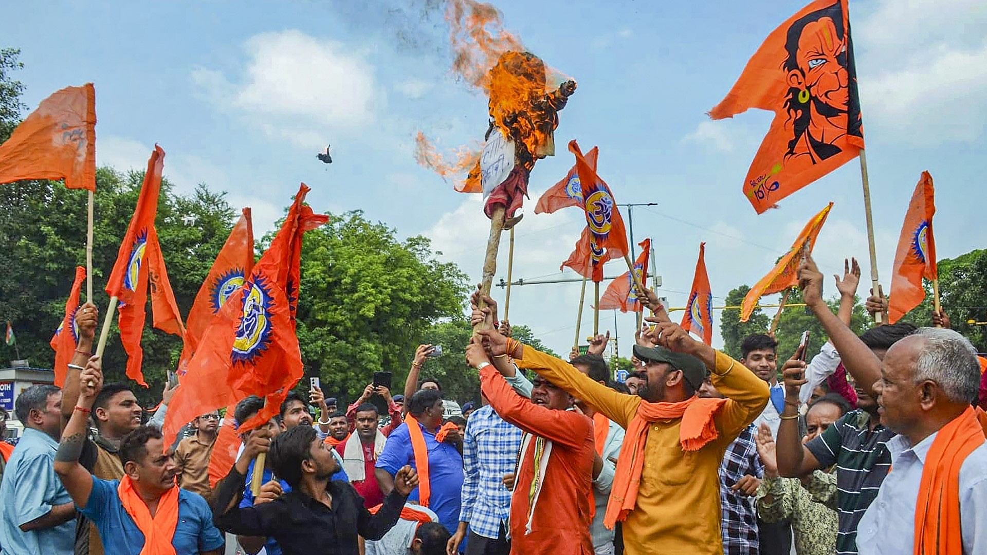 <div class="paragraphs"><p>Members of Bajrang Dal burn an effigy during a protest against the violence in Haryanas Nuh district, at GTB Nagar in New Delhi on Wednesday, 2 August.</p></div>