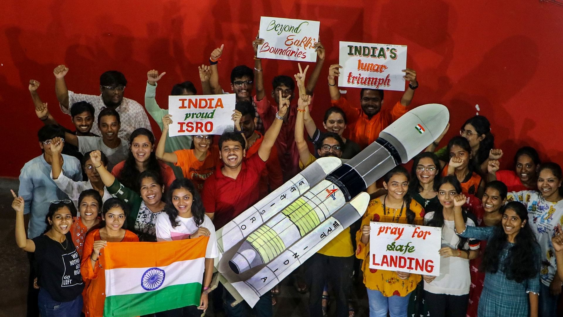 <div class="paragraphs"><p>College students celebrate the success of ISRO's Chandrayaan-3 landing on the Moon's surface</p></div>