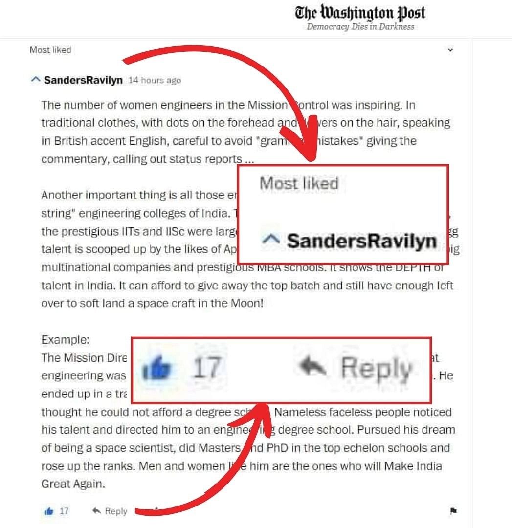 The screenshot shows a reader's comment under an article published by The Washington Post.