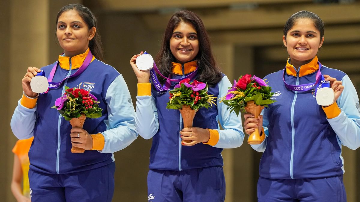 <div class="paragraphs"><p>Divya TS, Palak Gulia and Esha Singh won a silver medal in women's 10m Air Pistol team event.</p></div>