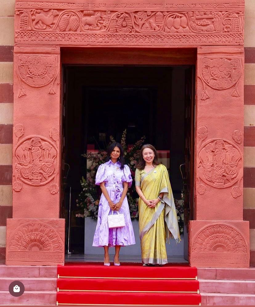 The UK's First Lady wore a dress designed by Indian-origin, UK-based designer Manimekala Fuller.   