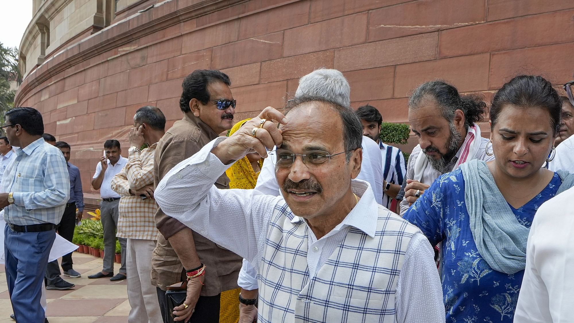 <div class="paragraphs"><p>Congress MPs Adhir Ranjan Chowdhury and Gaurav Gogoi during the Monsoon session of Parliament, in New Delhi, Friday, July 21, 2023.</p></div>