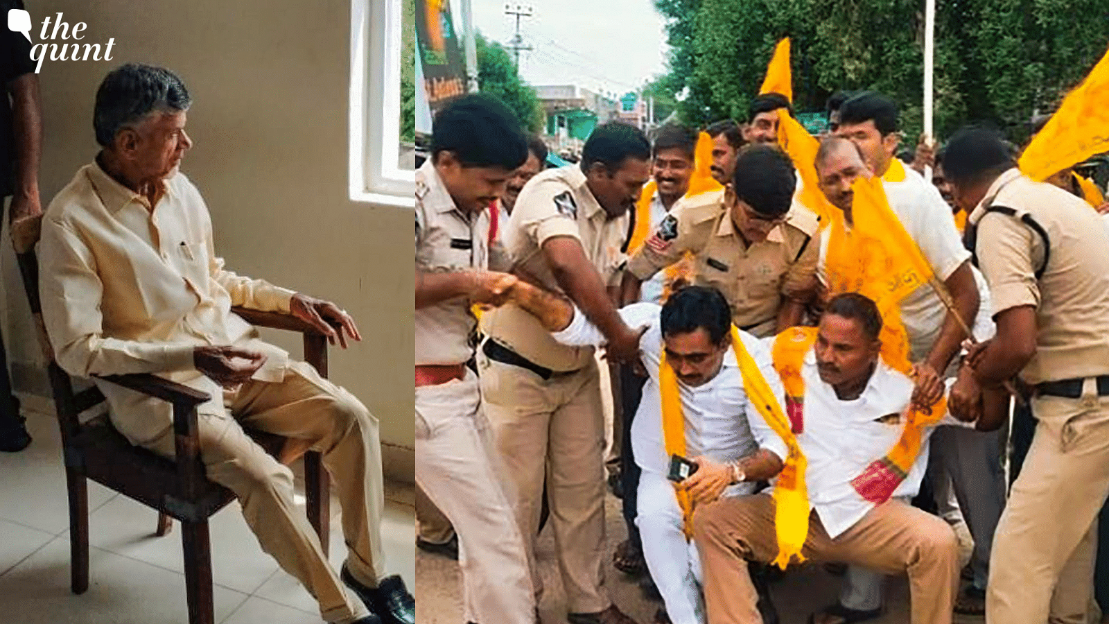 <div class="paragraphs"><p>N Chandrababu Naidu at the Rajahmundry Central Jail (L). TDP workers stage a protest against Naidu's arrest, in Vijayawada.</p></div>