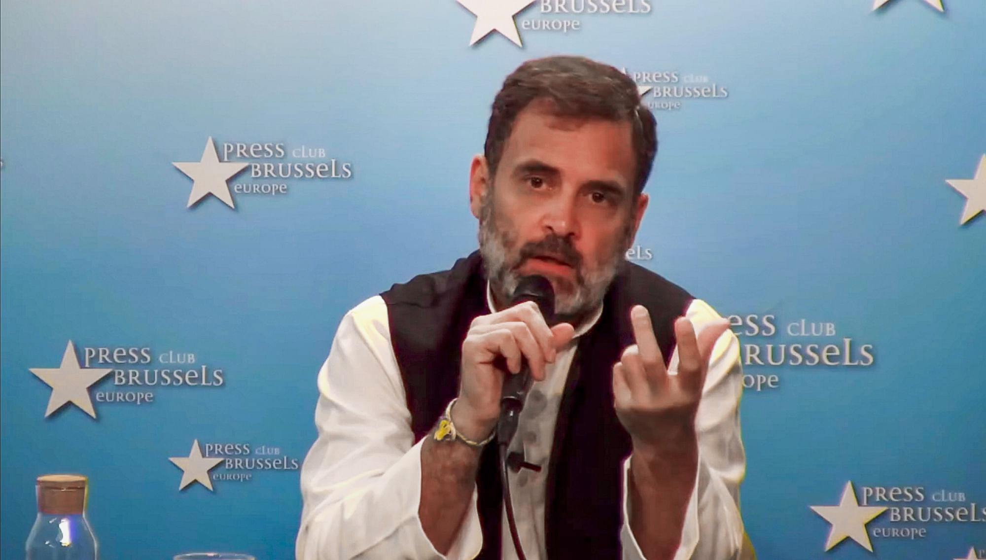 <div class="paragraphs"><p>Rahul Gandhi spoke to the media in Brussels while on his Europe trip.&nbsp;</p></div>