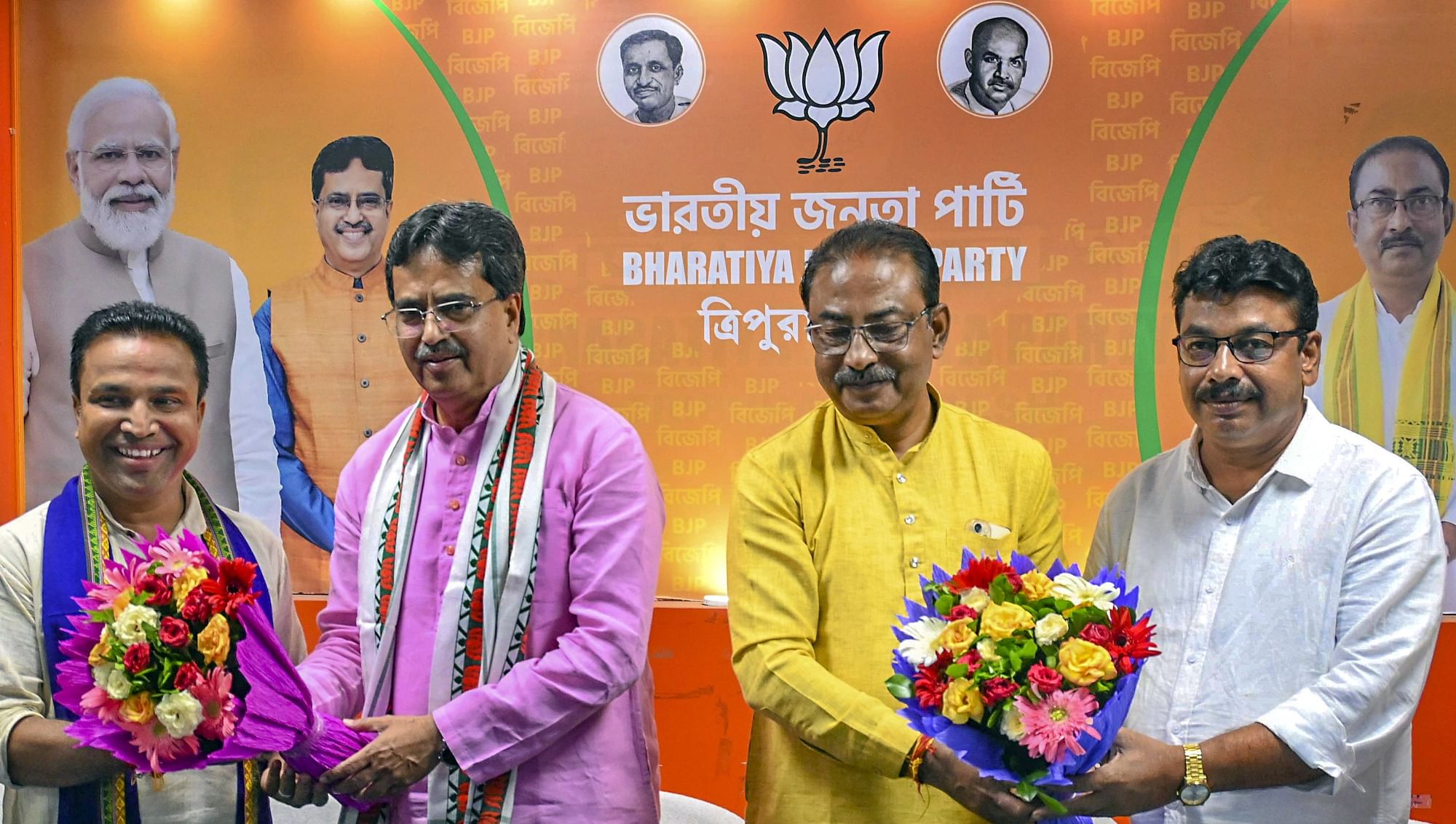 <div class="paragraphs"><p>Agartala: Tripura Chief Minister Manik Saha with BJP Tripura President Rajib Bhattacharjee and newly elected party MLAs Taffajal Hossain and Bindu Debnath during a press conference after the party's victory in the by-elections to Boxanagar and Dhanpur assembly seats, in Agartala, Friday, Sept. 8, 2023. </p></div>
