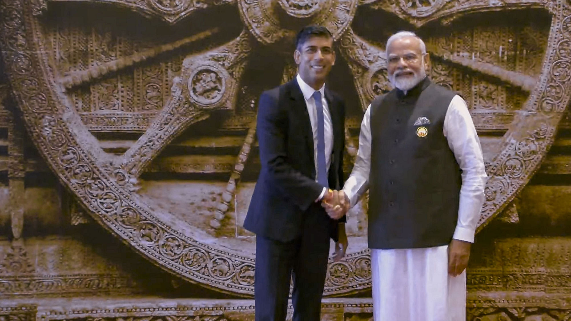 <div class="paragraphs"><p>UK PM Rishi Sunak being received by PM Narendra Modi at the Bharat Mandapam for the 2023 G20 Summit that was held in New Delhi.</p></div>