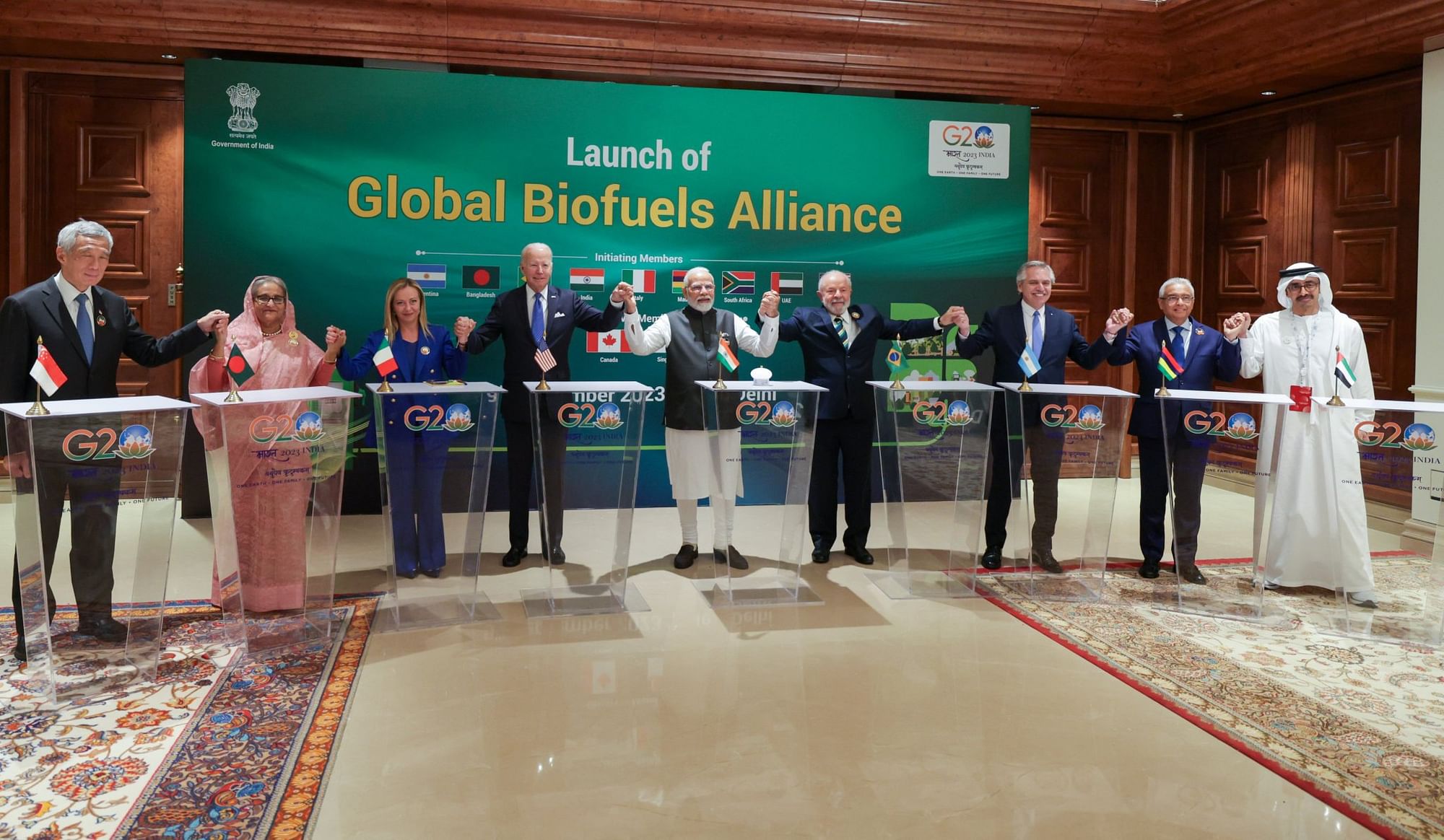 <div class="paragraphs"><p>PM Modi and other world leaders at the launch of the Global Biofuels Alliance.</p></div>