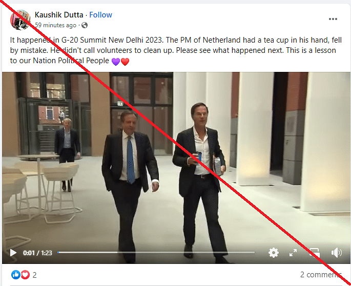 The video of Netherlands PM Rutte cleaning the floor after spilling coffee is from 2018 and not recent.