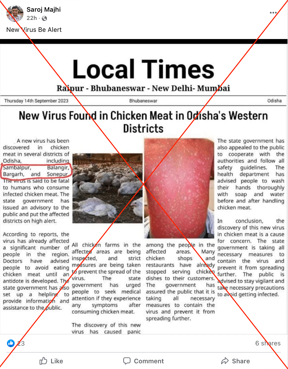 The news clipping about virus being found in chicken meat in Odisha is fabricated.