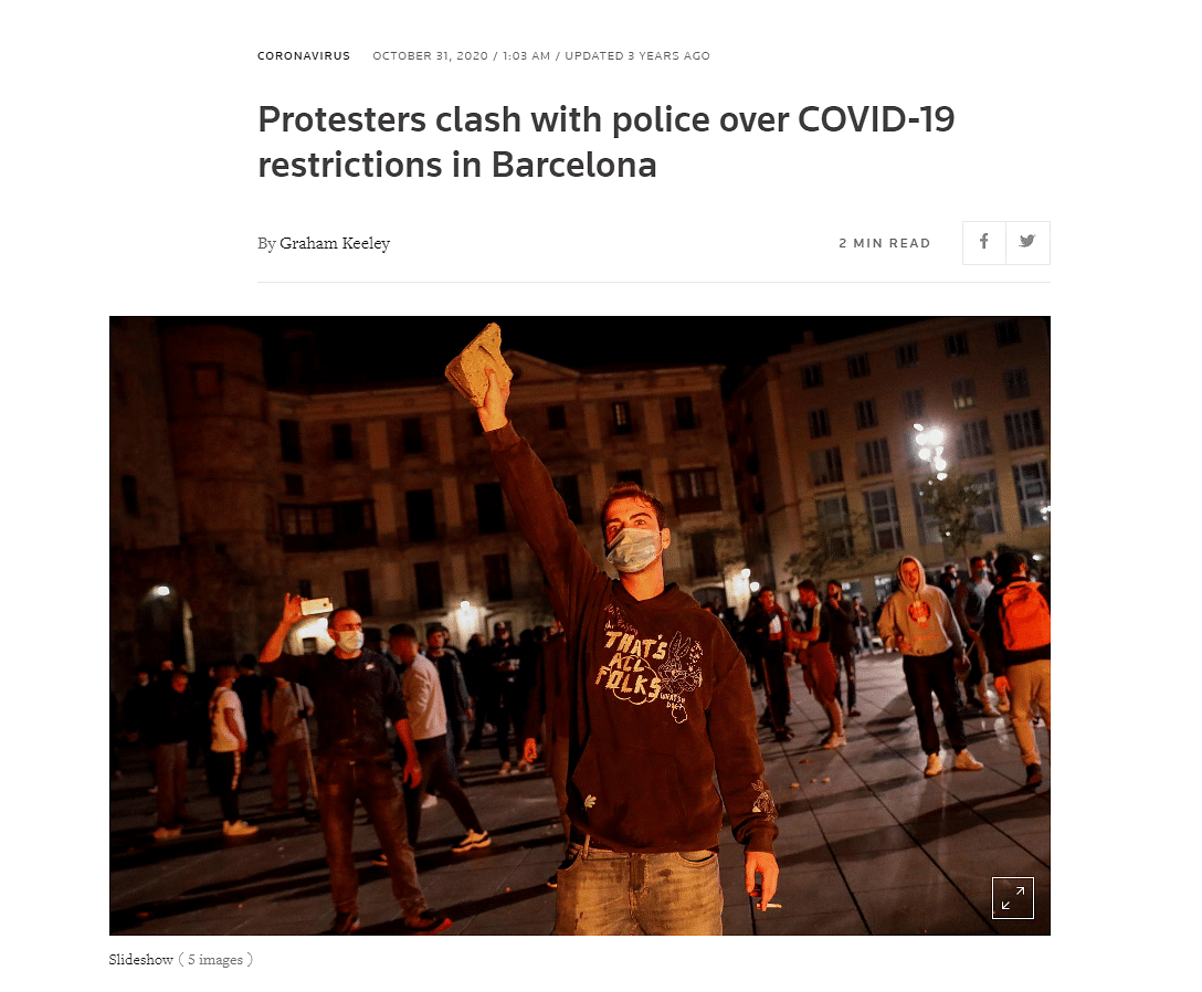 The video dates back to November 2020, and shows anti-lockdown protestors clashing with the police in Barcelona.