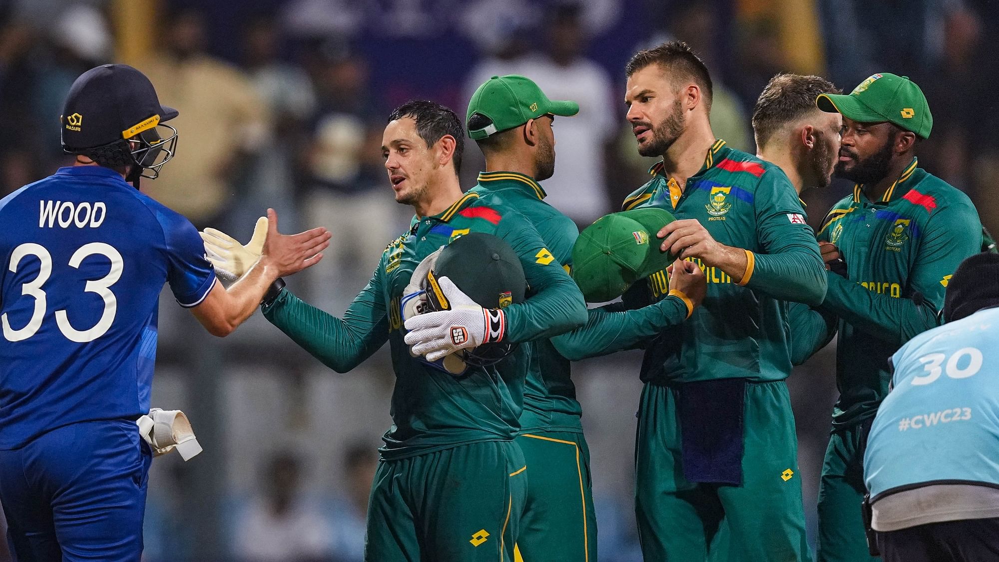 <div class="paragraphs"><p>Mumbai: South Africa players celebrates after winning the ICC Men’s Cricket World Cup 2023 match against England, at Wankhede Stadium, in Mumbai, Saturday, Oct. 21, 2023. </p></div>