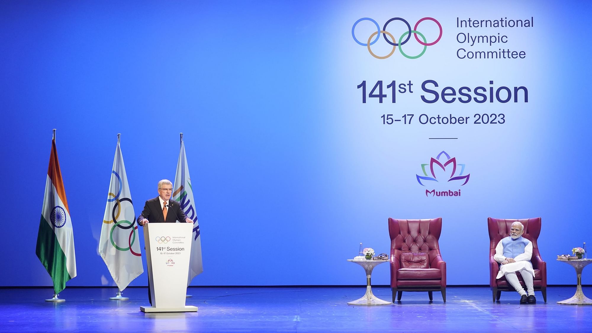 <div class="paragraphs"><p>Prime Minister Narendra Modi inaugurated the 141st International Olympic Committee (IOC) session at the Jio World Centre in Mumbai on the evening of Saturday, 14 October.</p></div>