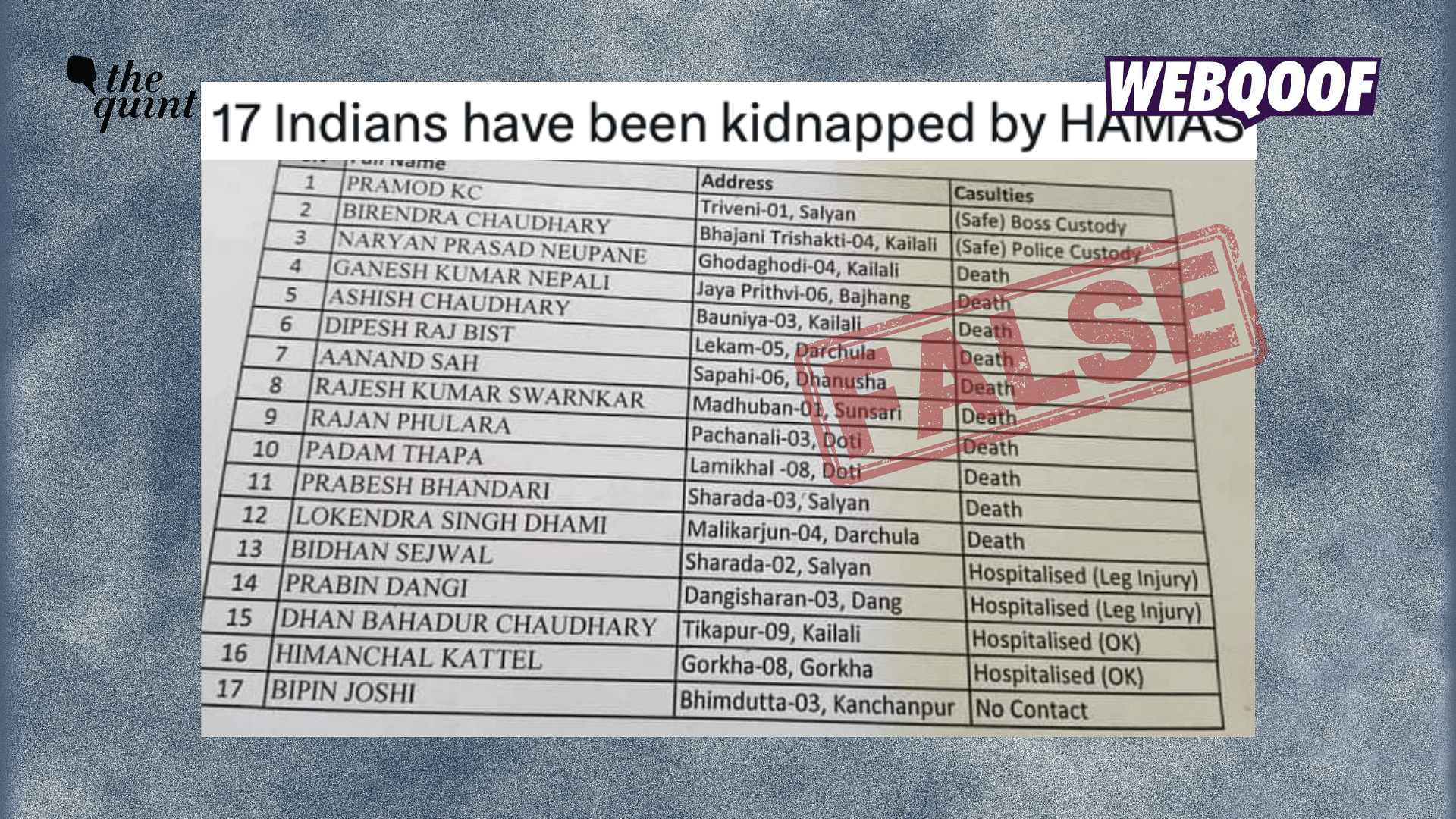 <div class="paragraphs"><p>A photograph showing a list of 17 Nepali nationals is being shared to falsely claim that it shows the names of 17 Indians who were kidnapped by Hamas.</p></div>