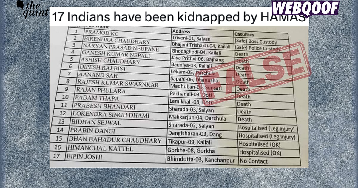 Israel War Fact-Check: List of Nepali Nationals Falsely Shared as '17 Indians Kidnapped by Hamas' - Vimarsana News