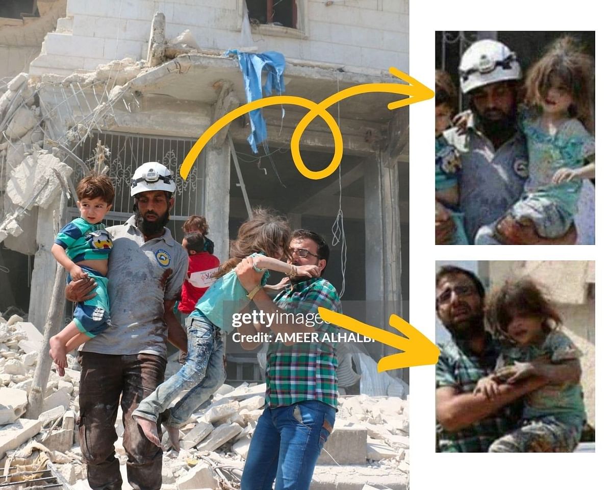 The photos were taken during the same event in Aleppo, Syria on 27 August 2016.