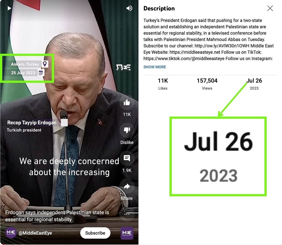 The original video dates back to July and shows Erdoğan expressing support for Palestine.